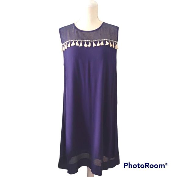 Anthropologie Dresses & Skirts - THML by Anthropologie navy blue tassel yoke keyhole back sleeveless sheath dress